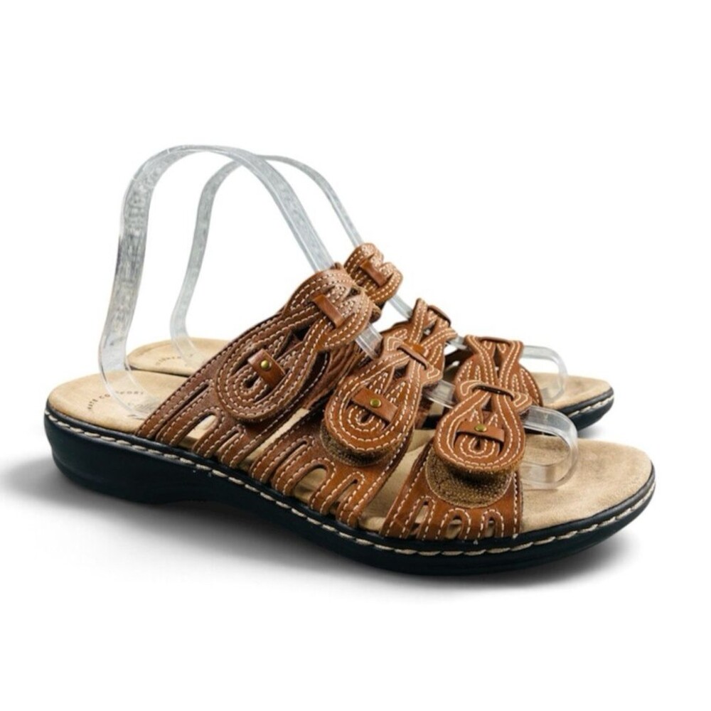 Clarks Leisa Faye Sandals Womens 8.5 Wide Tan Leather Adjustable Comfort Slides